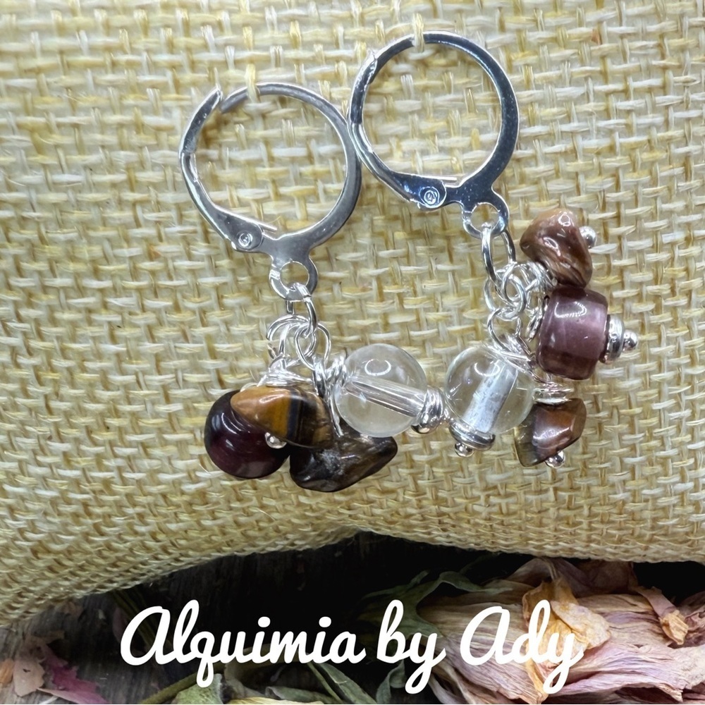 SIMPLE +  Silver and Brown Earrings tiger’s eye/QUARTZ CLUSTER